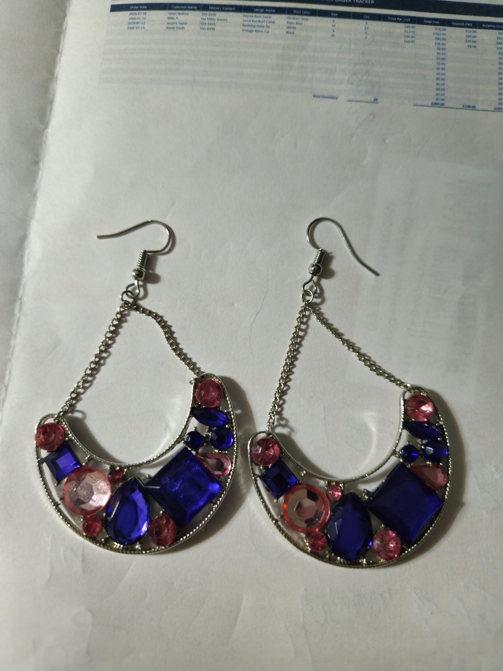 Hand Crafted Blue and Pink Crescent Gem Drop Earrings